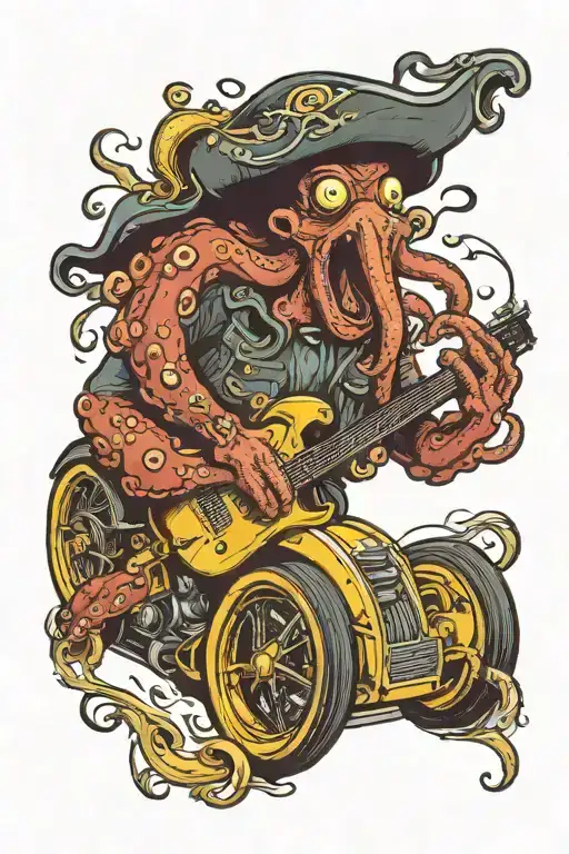 Octopus Driving A Hotrod Wearing A Pirate Hat And Playing Guitar