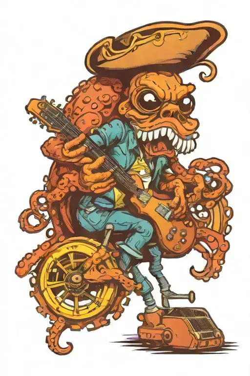 Octopus Driving A Hotrod Wearing A Pirate Hat And Playing Guitar