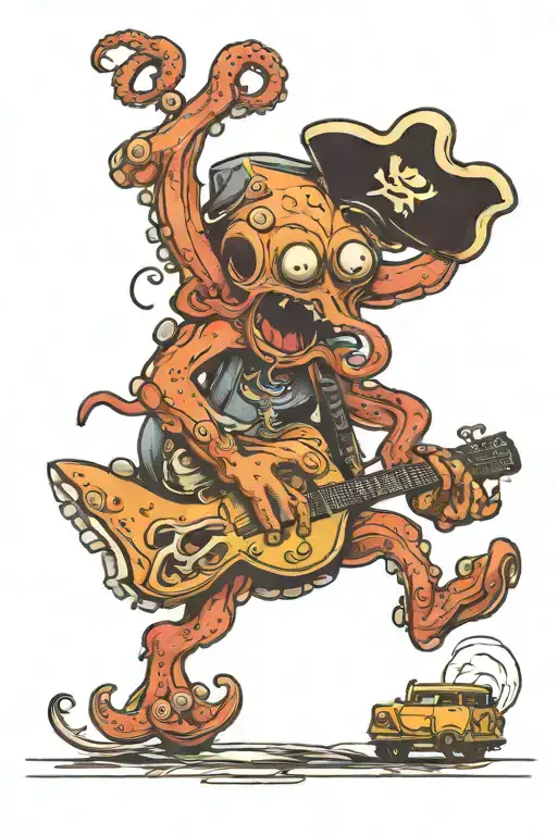 Octopus Driving A Hotrod Wearing A Pirate Hat And Playing Guitar