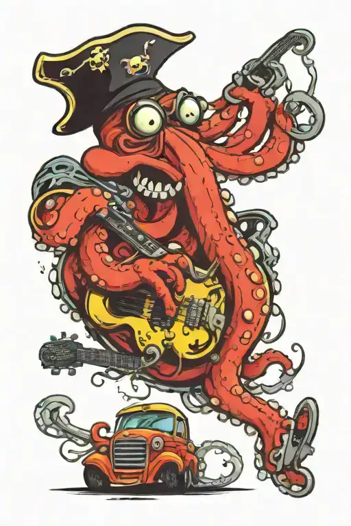 Octopus Driving A Hotrod Wearing A Pirate Hat And Playing Guitar