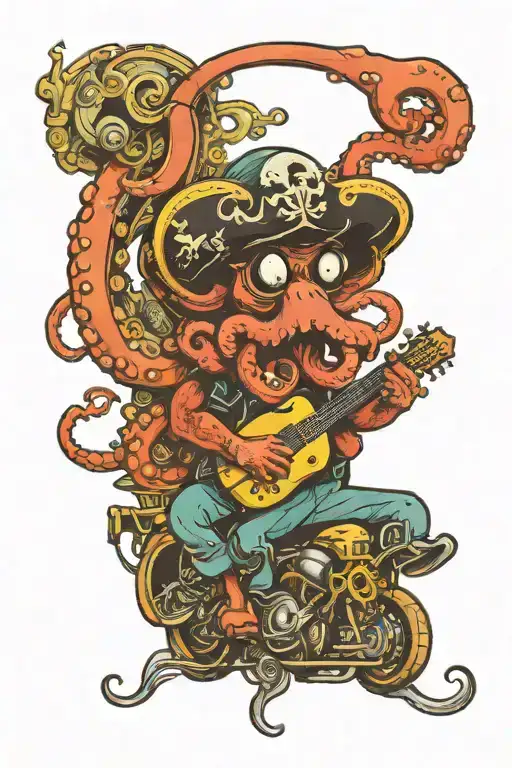 Octopus Driving A Hotrod Wearing A Pirate Hat And Playing Guitar