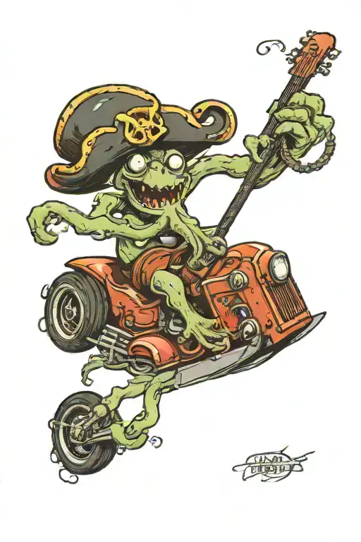 Octopus Driving A Hotrod Wearing A Pirate Hat And Playing Guitar
