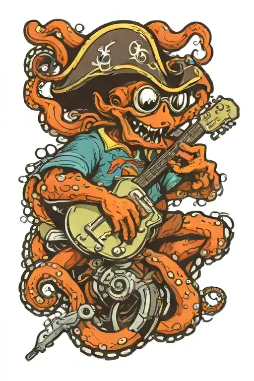 Octopus Driving A Hotrod Wearing A Pirate Hat And Playing Guitar