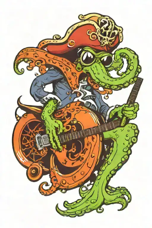 Octopus Driving A Hotrod Wearing A Pirate Hat And Playing Guitar