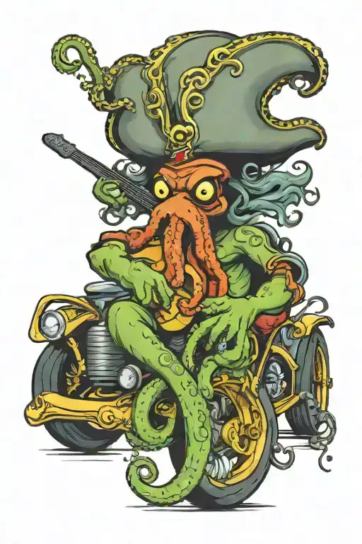 Octopus Driving A Hotrod Wearing A Pirate Hat And Playing Guitar