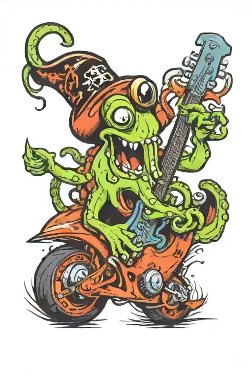 Octopus Driving A Hotrod Wearing A Pirate Hat And Playing Guitar