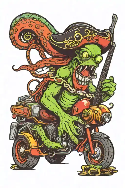 Octopus Driving A Hotrod Wearing A Pirate Hat And Playing Guitar