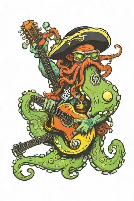 Octopus Driving A Hotrod Wearing A Pirate Hat And Playing Guitar