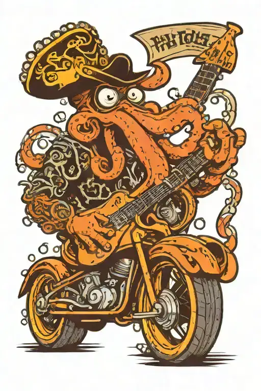Octopus Driving A Hotrod Wearing A Pirate Hat And Playing Guitar
