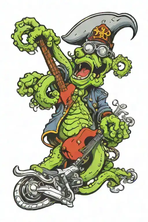 Octopus Driving A Hotrod Wearing A Pirate Hat And Playing Guitar