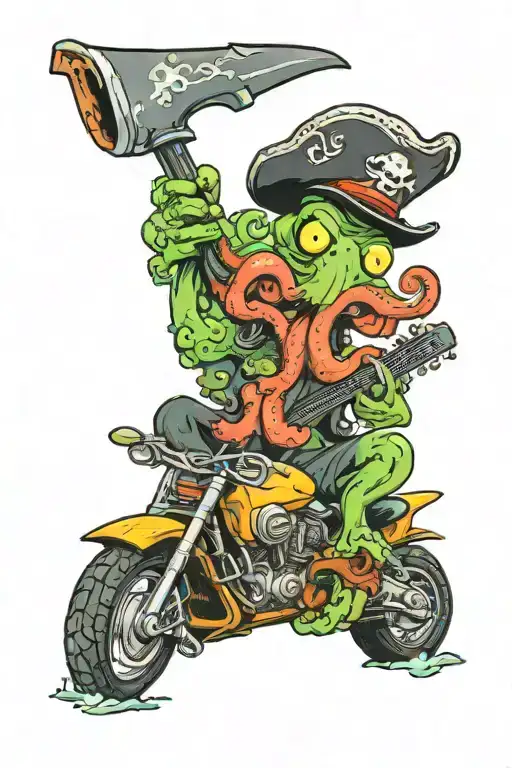 Octopus Driving A Hotrod Wearing A Pirate Hat And Playing Guitar
