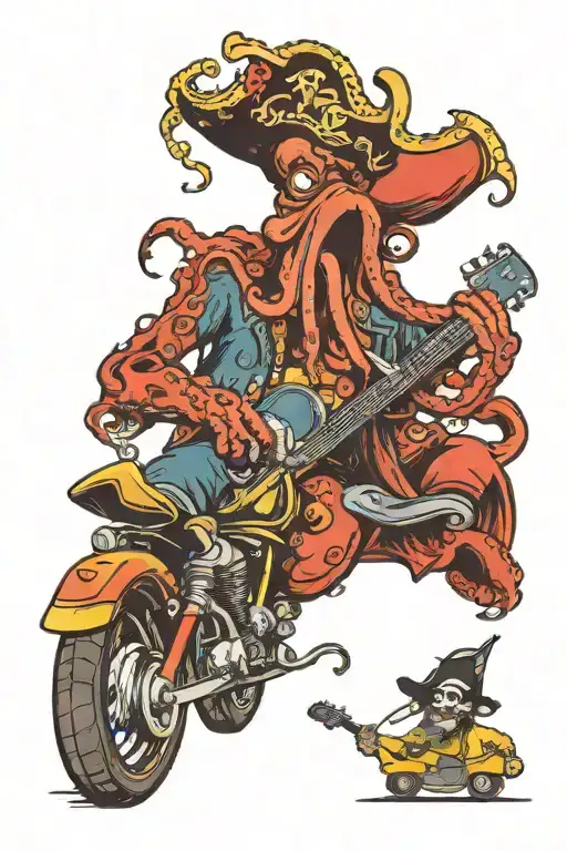 Octopus Driving A Hotrod Wearing A Pirate Hat And Playing Guitar