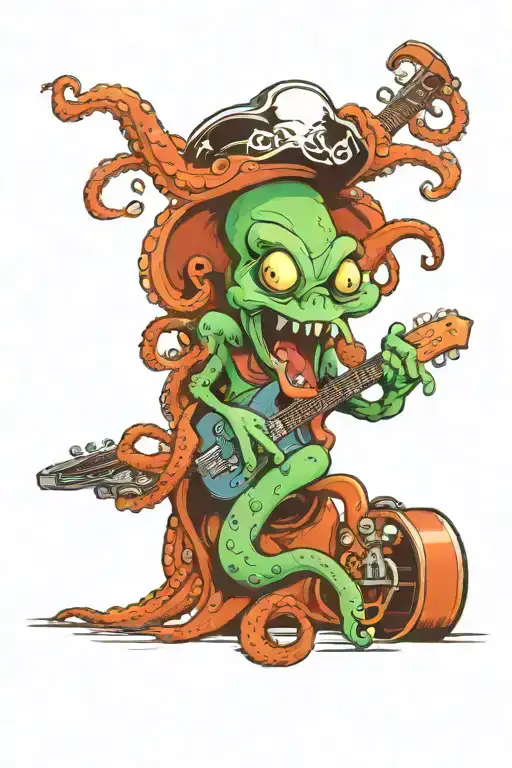 Octopus Driving A Hotrod Wearing A Pirate Hat And Playing Guitar