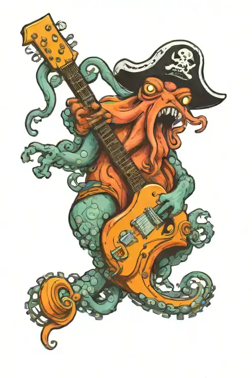 Octopus Driving A Hotrod Wearing A Pirate Hat And Playing Guitar