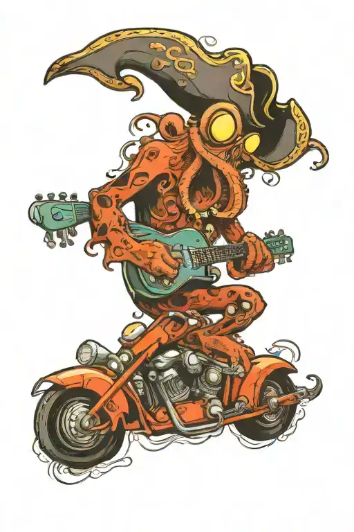 Octopus Driving A Hotrod Wearing A Pirate Hat And Playing Guitar