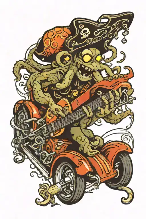 Octopus Driving A Hotrod Wearing A Pirate Hat And Playing Guitar
