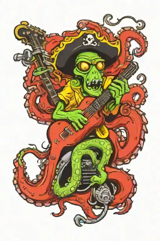 Octopus Driving A Hotrod Wearing A Pirate Hat And Playing Guitar