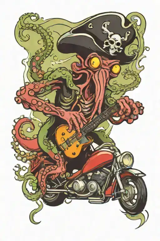 Octopus Driving A Hotrod Wearing A Pirate Hat And Playing Guitar