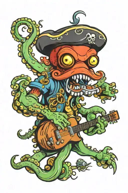 Octopus Driving A Hotrod Wearing A Pirate Hat And Playing Guitar