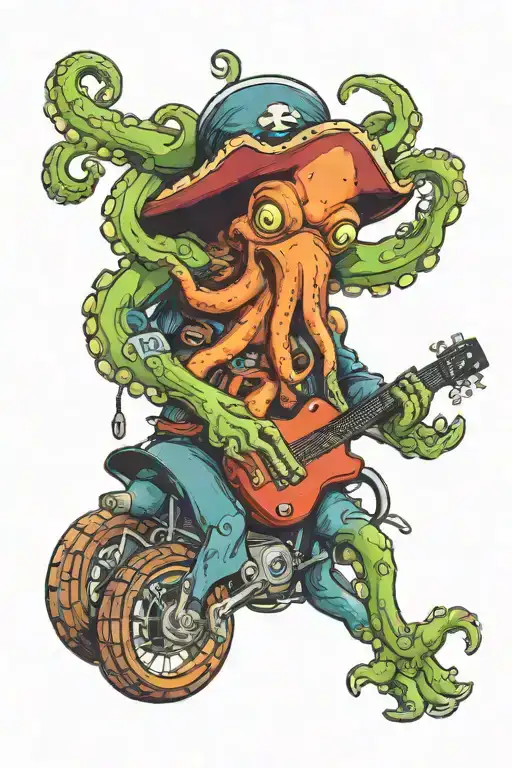 Octopus Driving A Hotrod Wearing A Pirate Hat And Playing Guitar