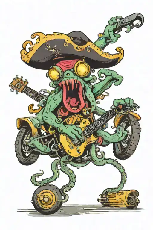 Octopus Driving A Hotrod Wearing A Pirate Hat And Playing Guitar