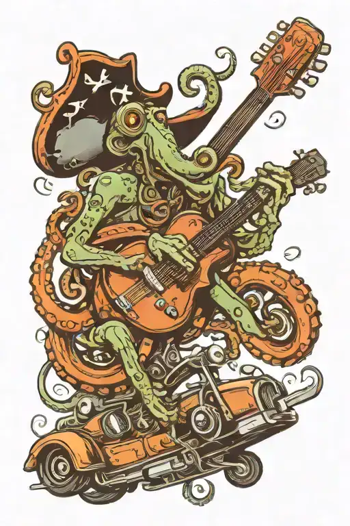 Octopus Driving A Hotrod Wearing A Pirate Hat And Playing Guitar