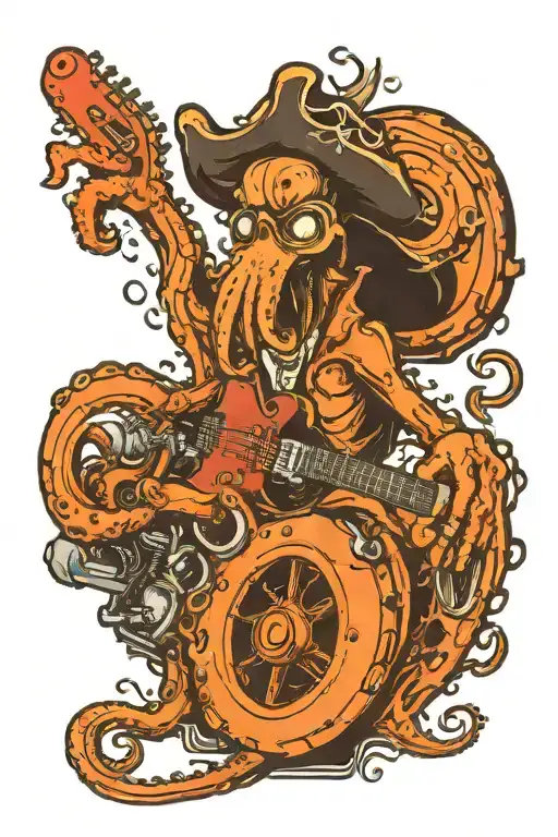 Octopus Driving A Hotrod Wearing A Pirate Hat And Playing Guitar