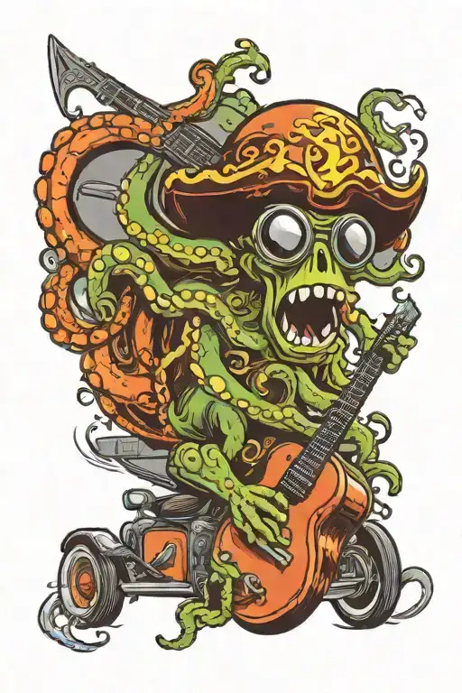 Octopus Driving A Hotrod Car Wearing A Pirate Hat And Playing Guitar