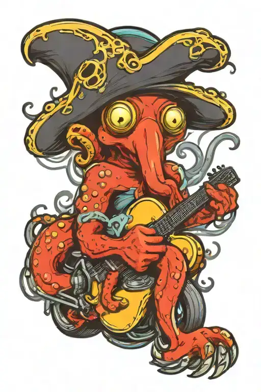 Octopus Driving A Hotrod Car Wearing A Pirate Hat And Playing Guitar
