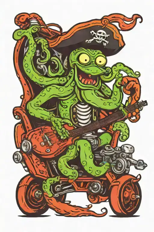 Octopus Driving A Hotrod Car Wearing A Pirate Hat And Playing Guitar