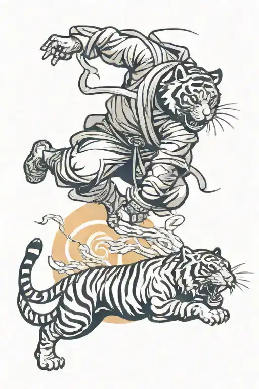 A New-school Design Of A Ninja Fighting A Tiger In The Sunset