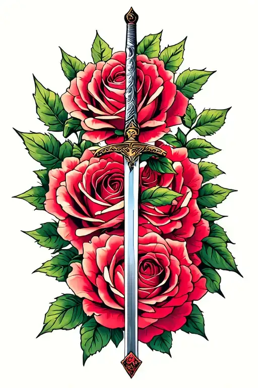 A Beautiful Hybrid Tea Rose Intertwined With A Jian Sword