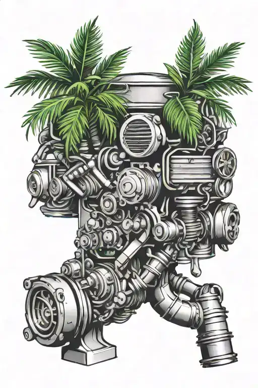 A New-school Design Of A Car Engine Morphing Into A Tropical Palm Tree