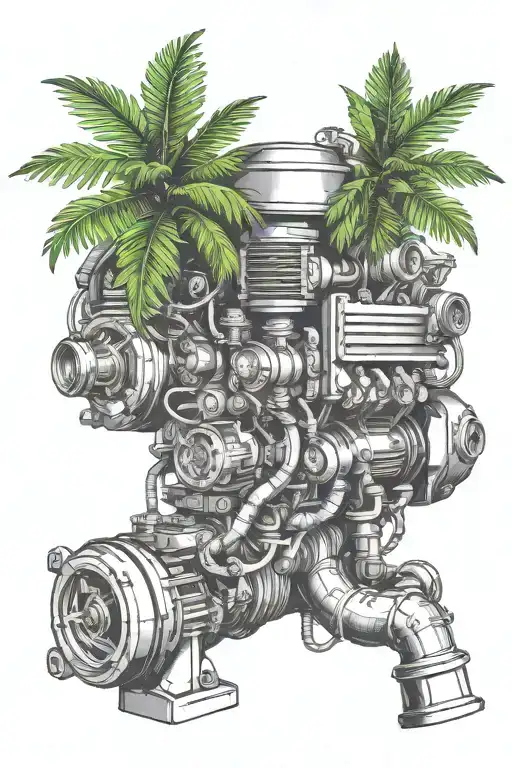 A New-school Design Of A Car Engine Morphing Into A Tropical Palm Tree