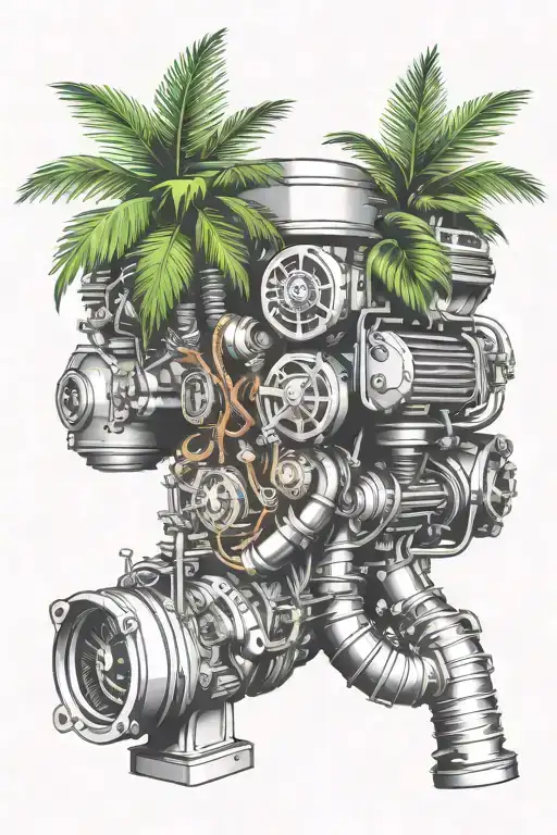 A New-school Design Of A Car Engine Morphing Into A Tropical Palm Tree