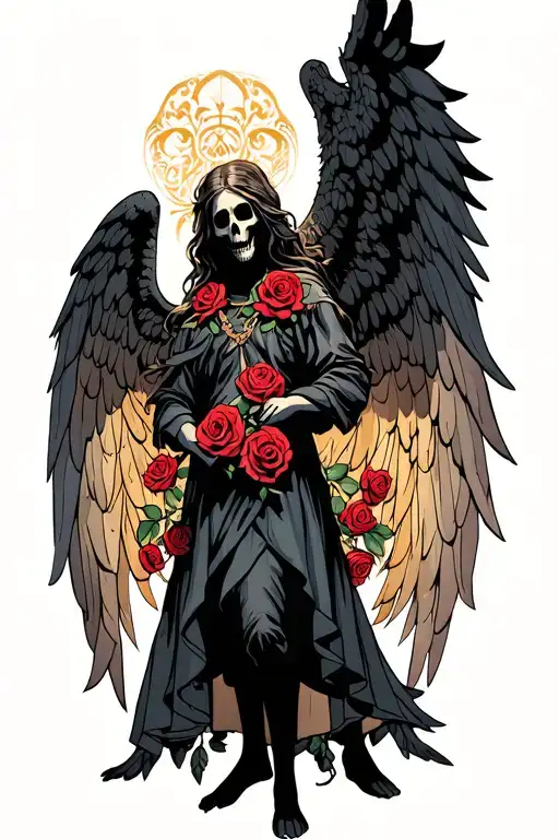 Angel Of Death Standing In Front Of Angel Adorned With Roses