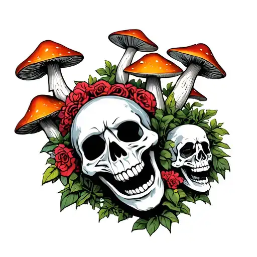 Mushrooms And Maya Skulls And Faces Representing A Happy Death And Power Of Love