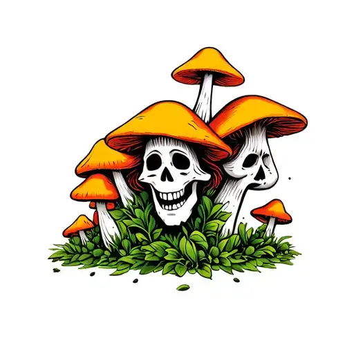 Mushrooms And Maya Faces Representing A Happy Death And Power Of Love