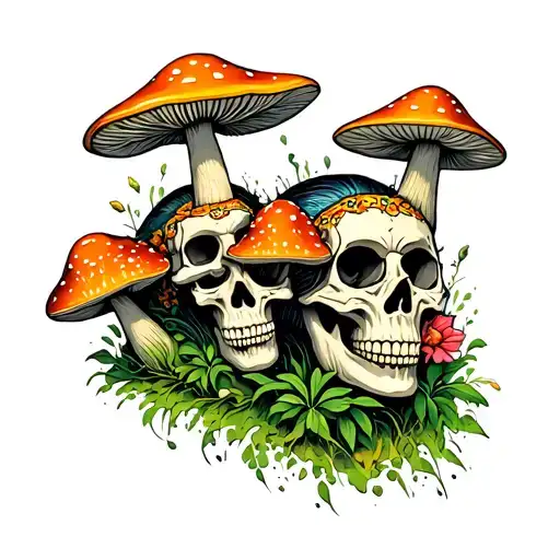 Mushrooms And Maya Skulls Representing The Power Of Love On A Trippy Journey