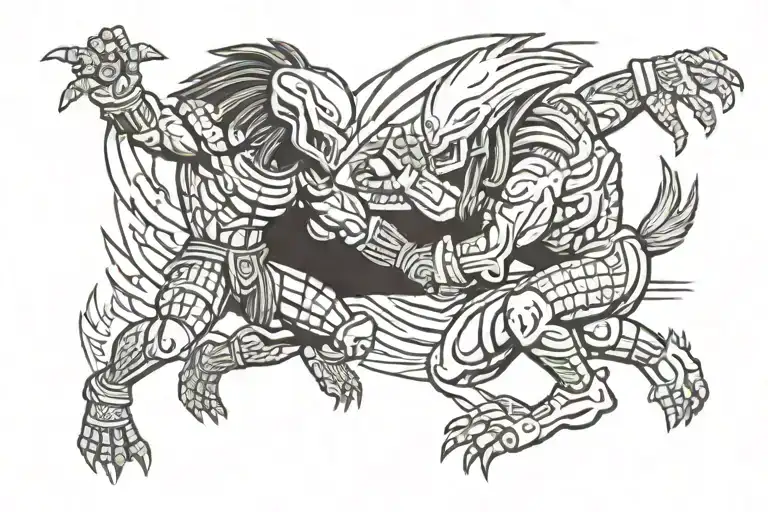 Predator Punching An Alien In A Mayan Art Style