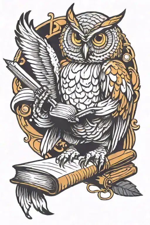 A Tattoo Design Of An Owl Reading A Book With A Knife Tucked Into Its Feathers