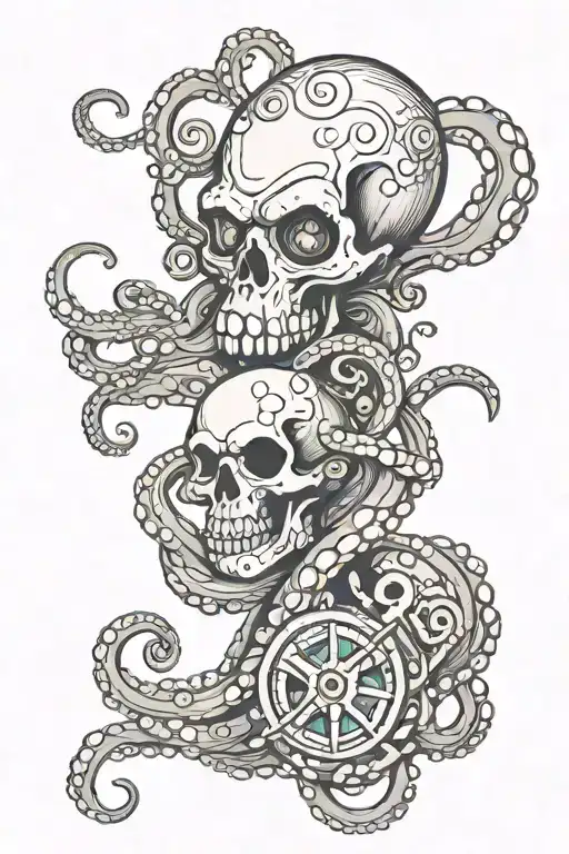 Octopus Wrapped Around Skull Holding Compass