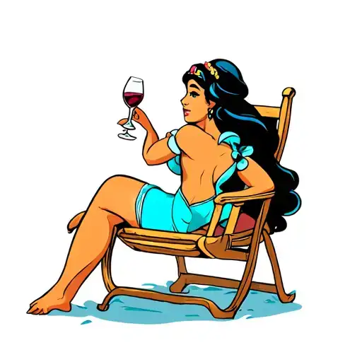 Princess Jasmine In Beach Chair Drinking Wine Back View