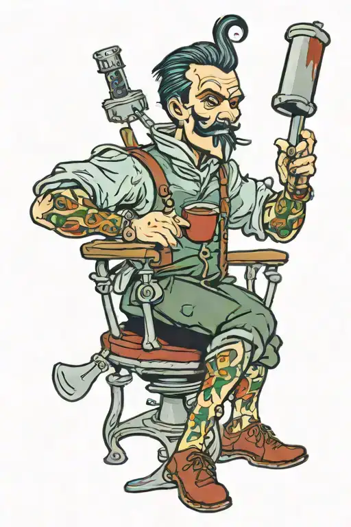 A Color Tattoo Of A Midevil Barber Performing Bloodletting On A Client