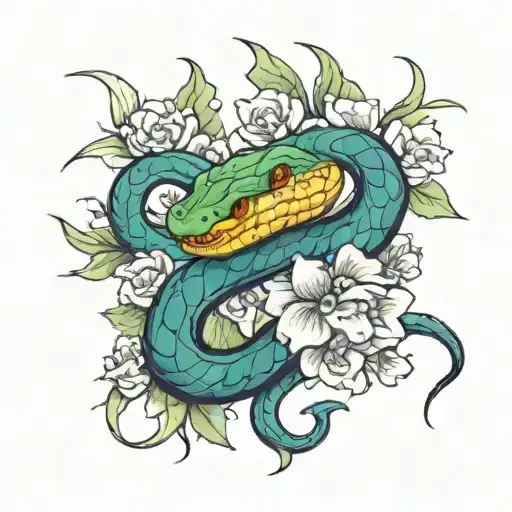 A Hybrid Tattoo Design Featuring A Snake And Lizard Intertwined With Blooming Flowers
