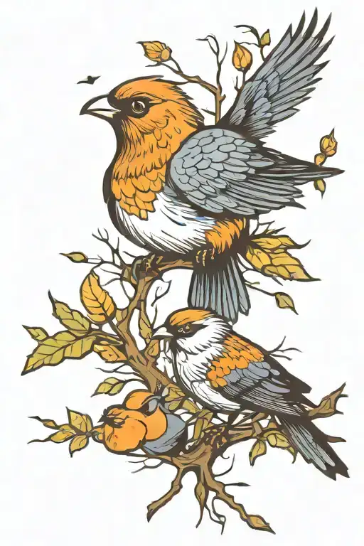 A Bird Flying Away From Other Birds That Are Sitting On A Branch