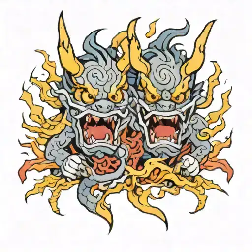 Traditional Japanese Looking Demons With Lightning In The Background