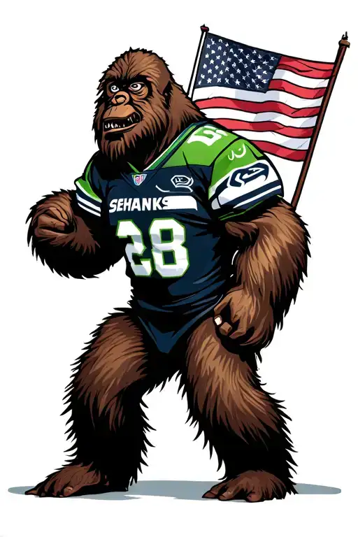 Bigfoot Wearing Seahawks Jersey Carrying American Flag