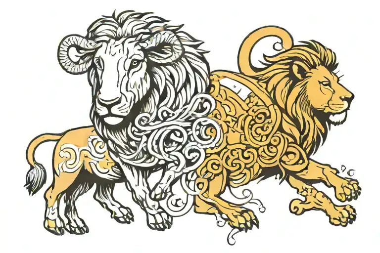 Number 31 In The Background With Half Face Lamb And Half Faced Lion In Front Of It