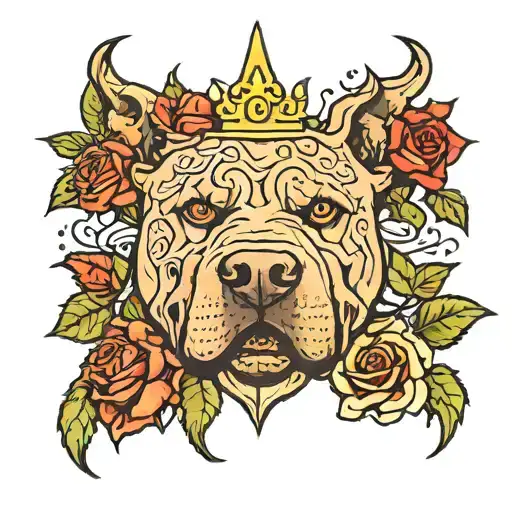 Pitbull Face Inside A Thorn Crown Of Roses With Galaxy Eyes